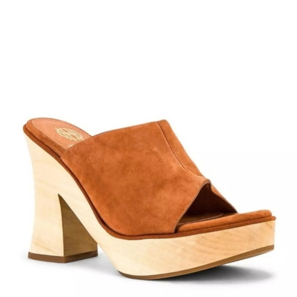 House of Harlow 1960 REVOLVE Wooden Platform Shoe Clogs Mules Rust Brown Suede 7